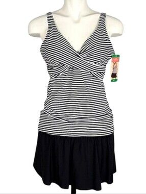 NWT Christina Women's Striped Tankini Top Ruched Swim Skirt Set Black 12